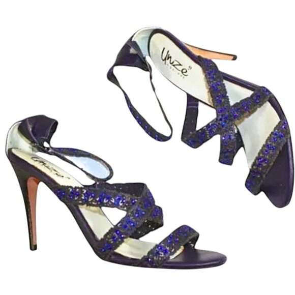 Unze Couture Crystal Embellished Midnight Blue Ankle Wrap Strappy Stiletto - Picture 2 of 7